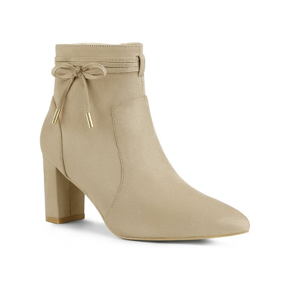 BLISSFUL STEP Women's Ankle Boots Faux Suede Pointed Toe Bow Decor Chunky Heel Zipper Booties Beige 6