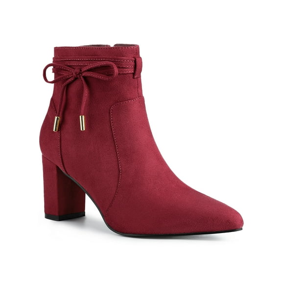 BLISSFUL STEP Women's Ankle Boots Faux Suede Pointed Toe Bow Decor Chunky Heel Zipper Booties Burgundy 7