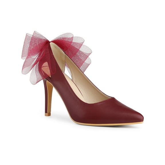 BLISSFUL STEP Women's Pointed Toe Bow Decor Stiletto Heel Pumps Burgundy 7