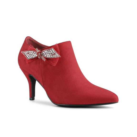 BLISSFUL STEP Women's Pointed Toe Bow Decor Stiletto Heel Ankle Boots Red 7