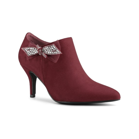BLISSFUL STEP Women's Pointed Toe Bow Decor Stiletto Heel Ankle Boots Burgundy 9