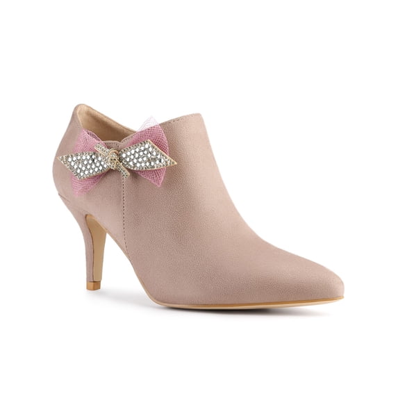BLISSFUL STEP Women's Pointed Toe Bow Decor Stiletto Heel Ankle Boots Dust Pink 5.5