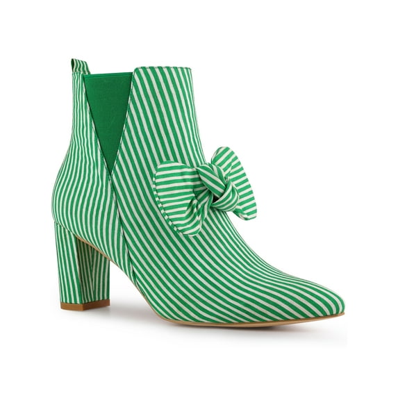 BLISSFUL STEP Women's Pointed Toe Bow Striped Chunky Heel Ankle Boots Green 7