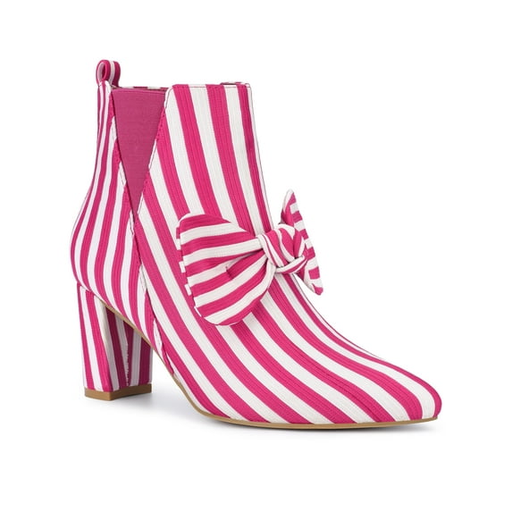 BLISSFUL STEP Women's Pointed Toe Bow Striped Chunky Heel Ankle Boots Hot Pink 7