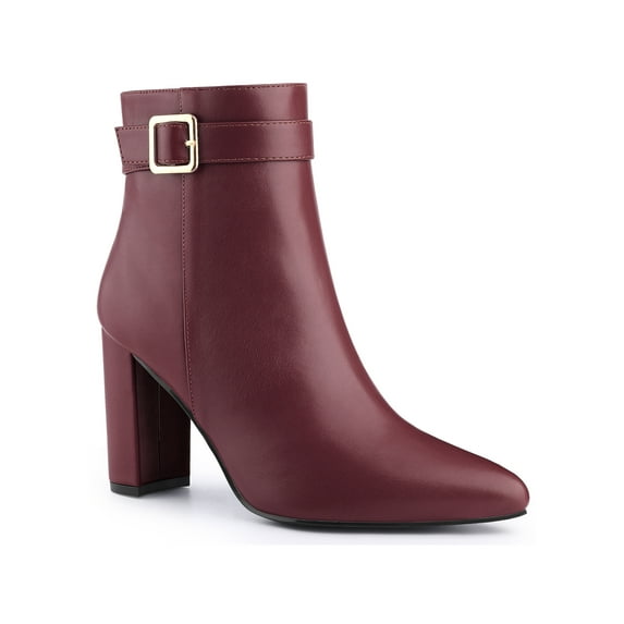 BLISSFUL STEP Women's Ankle Boots Pointed Toe Buckle Decor Zipper Block Heel Burgundy 6