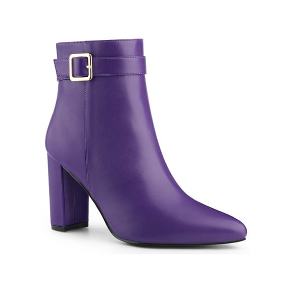 BLISSFUL STEP Women's Ankle Boots Pointed Toe Buckle Decor Zipper Block Heel Purple 8