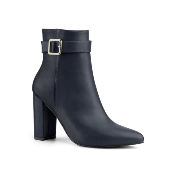 BLISSFUL STEP Women's Ankle Boots Pointed Toe Buckle Decor Zipper Block Heel Navy Blue 10