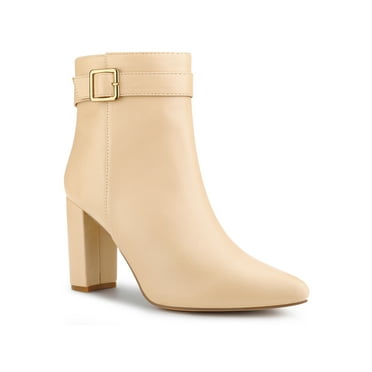 Allegra K Women's Pointed Toe Buckle Decor Zipper Block Heel Ankle Boots Beige (Size 9)