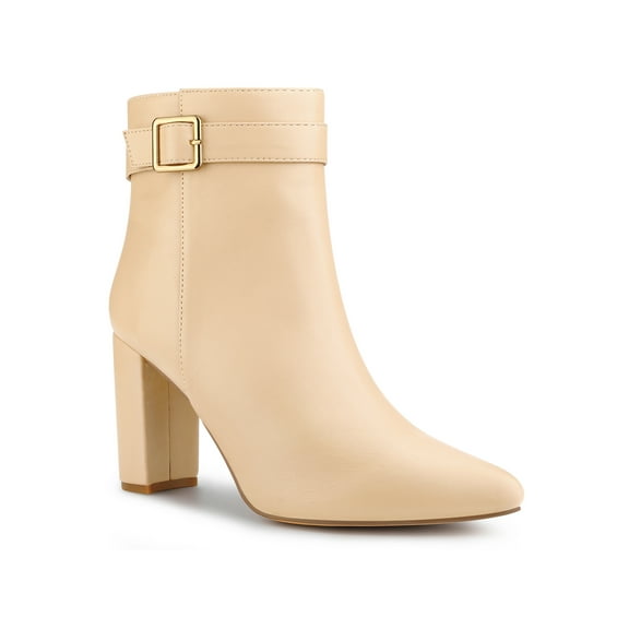 BLISSFUL STEP Women's Ankle Boots Pointed Toe Buckle Decor Zipper Block Heel Beige 9