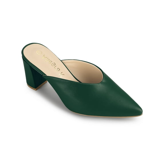 BLISSFUL STEP Women's Pointed Toe Chunky Slides Mules Dark Green 6