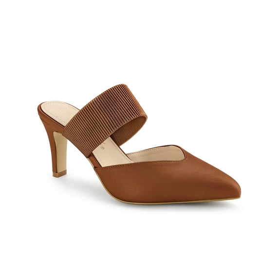 BLISSFUL STEP Women's Pointed Toe Elastic Strap Stiletto Heelsed Mules Brown 6