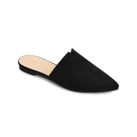BLISSFUL STEP Women's Pointed Toe Flat V Shape Slides Mules Black (Size 6)