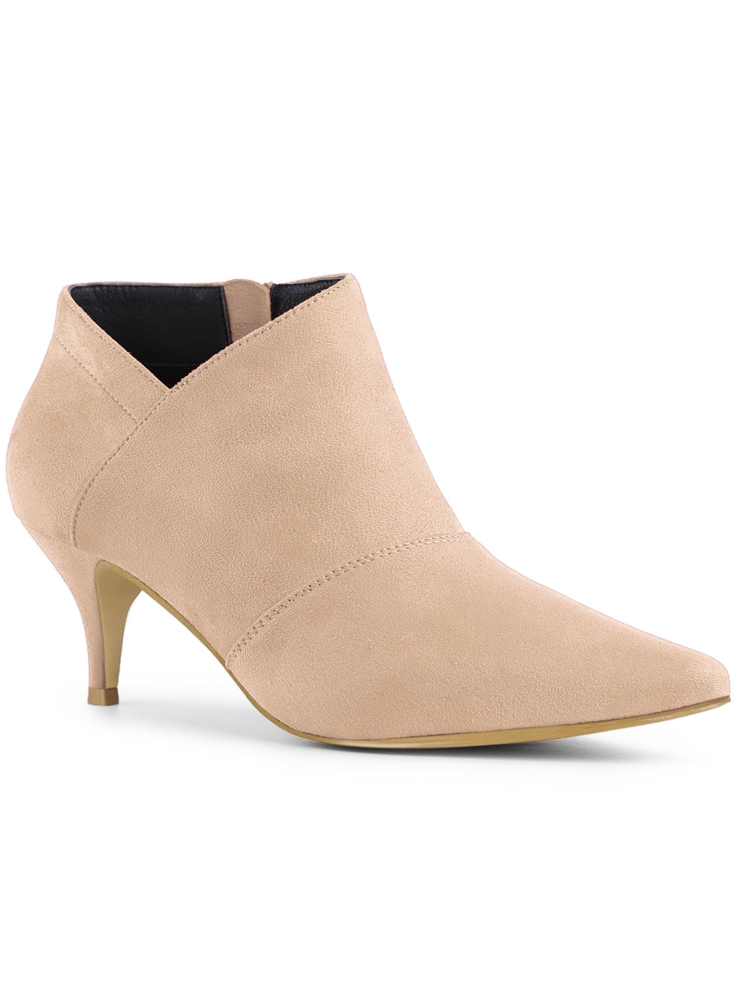 BLISSFUL STEP Women's Pointed Toe Kitten Heel Ankle Boots Khaki
