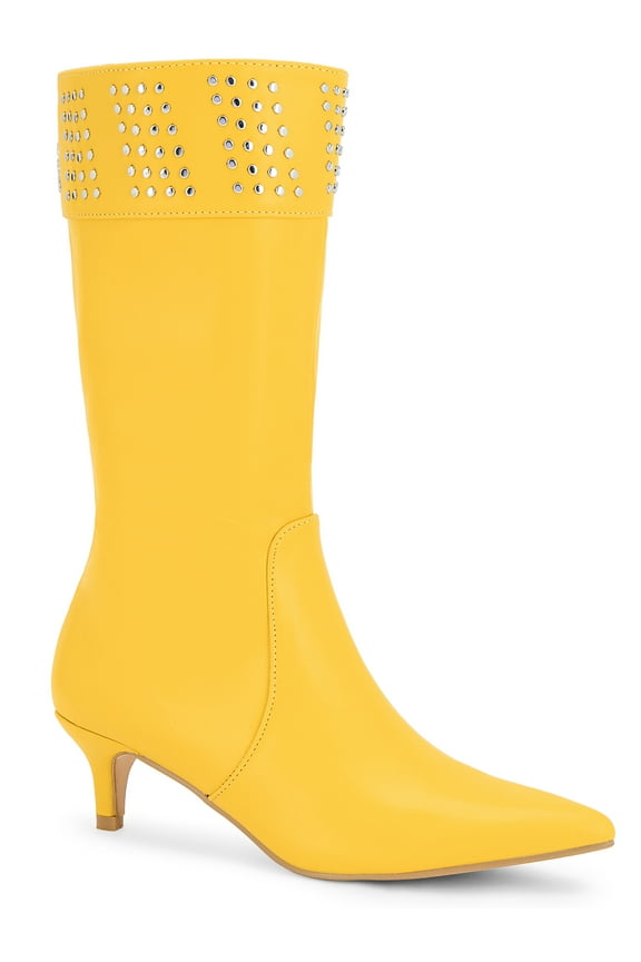 Women's Pointed Toe Kitten Heel Knee High Boots Yellow 7