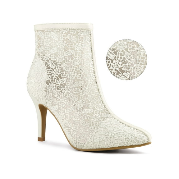 BLISSFUL STEP Women's Pointed Toe Lace Flower Stiletto Heels Ankle Boots