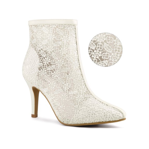 BLISSFUL STEP Women's Pointed Toe Lace Flower Stiletto Heels Ankle Boots