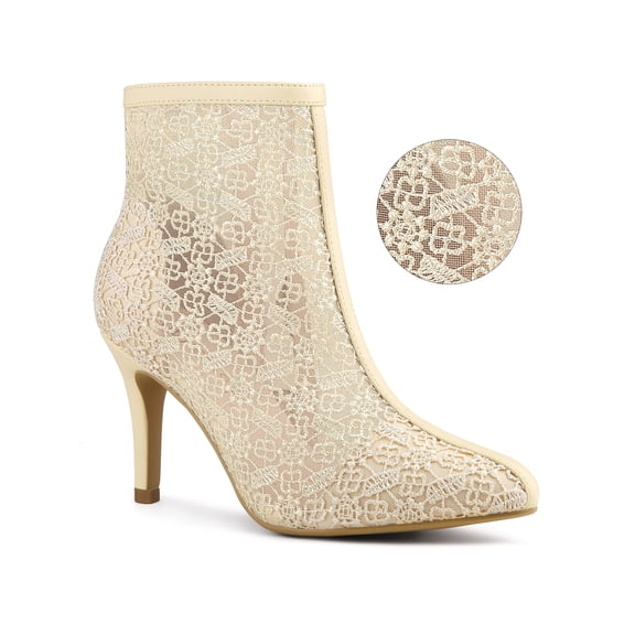 BLISSFUL STEP Women's Pointed Toe Lace Flower Stiletto Heels Ankle Boots