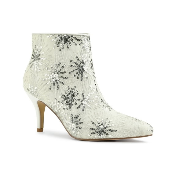 BLISSFUL STEP Women's Pointed Toe Lace Sequin Stiletto High Heels Ankle Boots