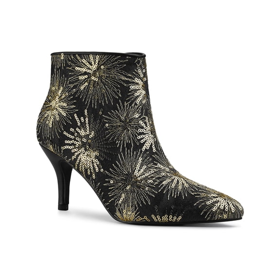 BLISSFUL STEP Women's Pointed Toe Lace Sequin Stiletto High Heels Ankle Boots