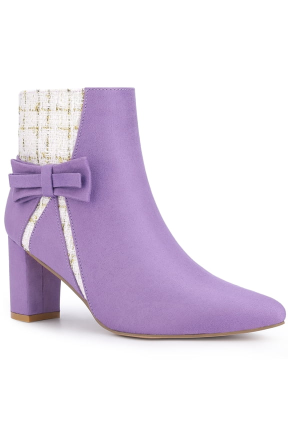 Women's Pointed Toe Plaid Block Heels Ankle Boots Purple 9