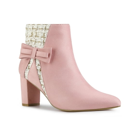 BLISSFUL STEP Women's Pointed Toe Plaid Block Heels Ankle Boots Pink 11
