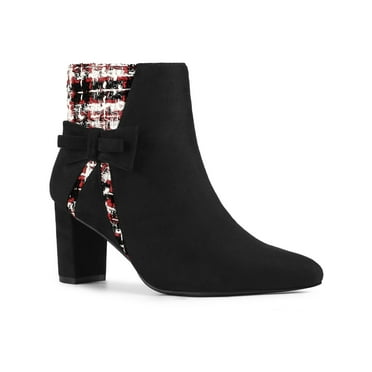 Allegra K Women's Pointed Toe Plaid Block Heels Ankle Boots Black (Size 6)