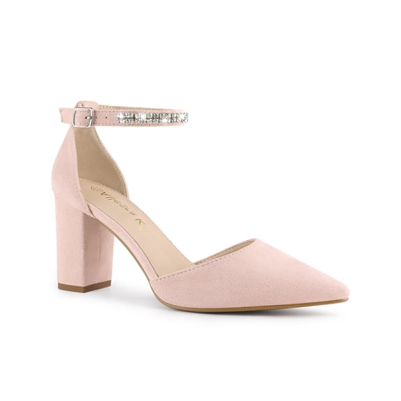 BLISSFUL STEP Women's Pointed Toe Rhines Ankle Strap Block Heels Pumps Light Pink 7.5