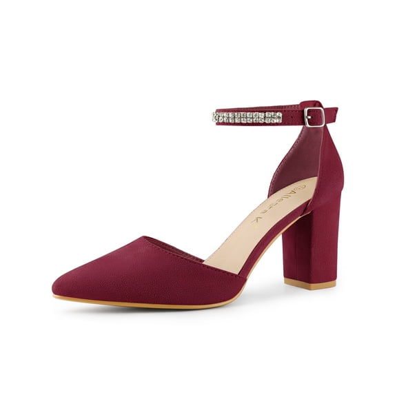 BLISSFUL STEP Women's Pointed Toe Rhines Ankle Strap Block Heels Pumps Burgundy 10