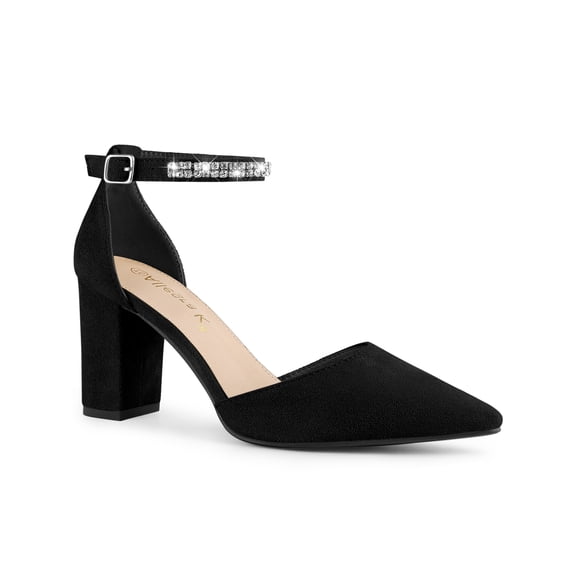 BLISSFUL STEP Women's Pointed Toe Rhines Ankle Strap Block Heels Pumps Black 10