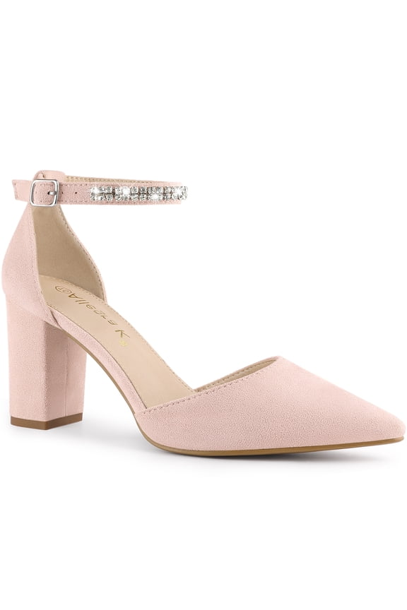 Women's Pointed Toe Rhines Ankle Strap Block Heels Pumps Light Pink 10