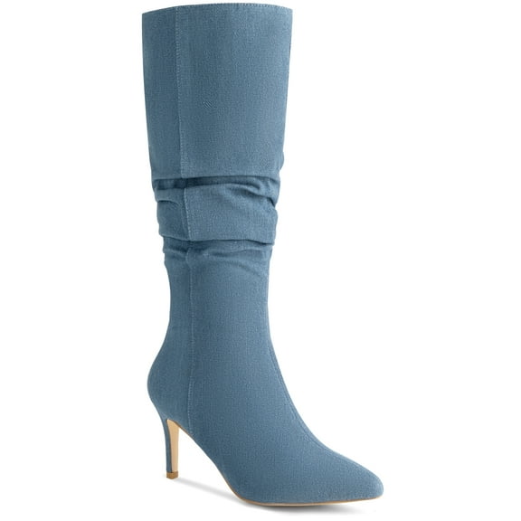 BLISSFUL STEP Women's Pointed Toe Slouched Stiletto Heels Knee High Boots