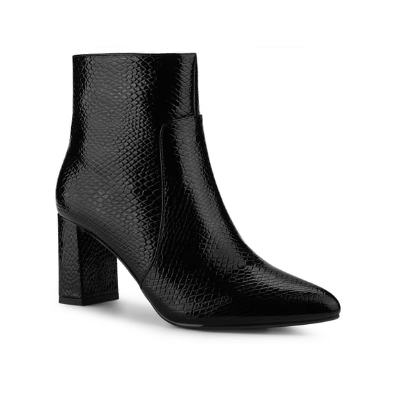 BLISSFUL STEP Women's Ankle Boots Pointed Toe Snake Print Block Heel Ankle Boots Black 9