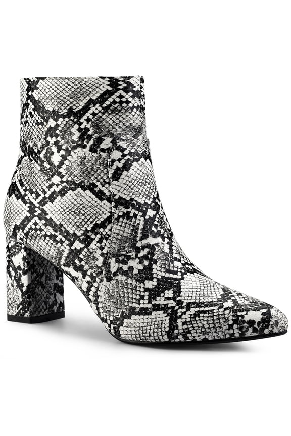 Women's Ankle Boots Pointed Toe Snake Print Block Heel Ankle Boots Black White 9.5