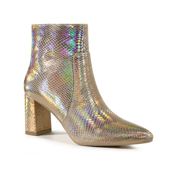BLISSFUL STEP Women's Ankle Boots Pointed Toe Snake Print Block Heel Ankle Boots Rose Gold 9