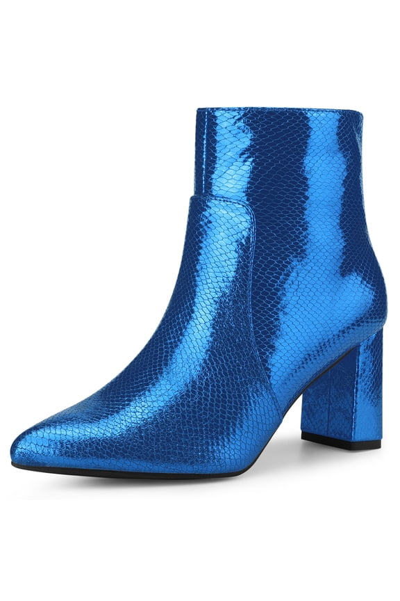 Women's Ankle Boots Pointed Toe Snake Print Block Heel Ankle Boots Royal Blue 8