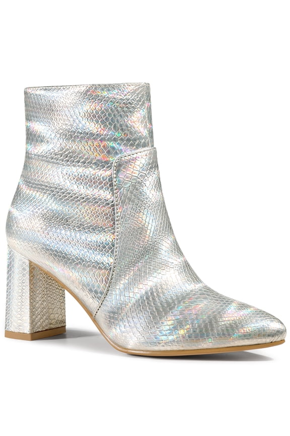 Women's Ankle Boots Pointed Toe Snake Print Block Heel Ankle Boots Silver 8