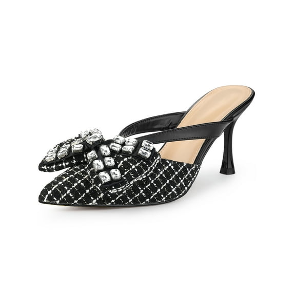 BLISSFUL STEP Women's Shoes Pointed Toe Sparkly Rhinestone Bow Stiletto Heels Mules Black 7