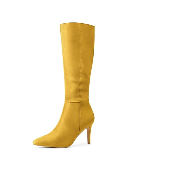 BLISSFUL STEP Women's Pointed Toe Stiletto Heels Knee High Boots Yellow 6.5