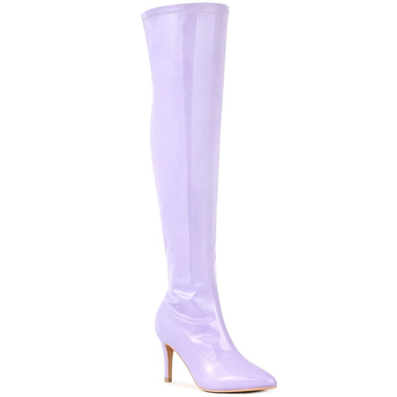 BLISSFUL STEP Women's Boots Thigh High Patent Leather Stiletto Heel Pointed Toe Zipper Boots Purple 8