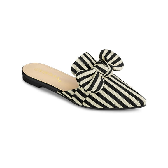 BLISSFUL STEP Women's Pointed Toe Stripe Bow Slide Flats Mules Black 7