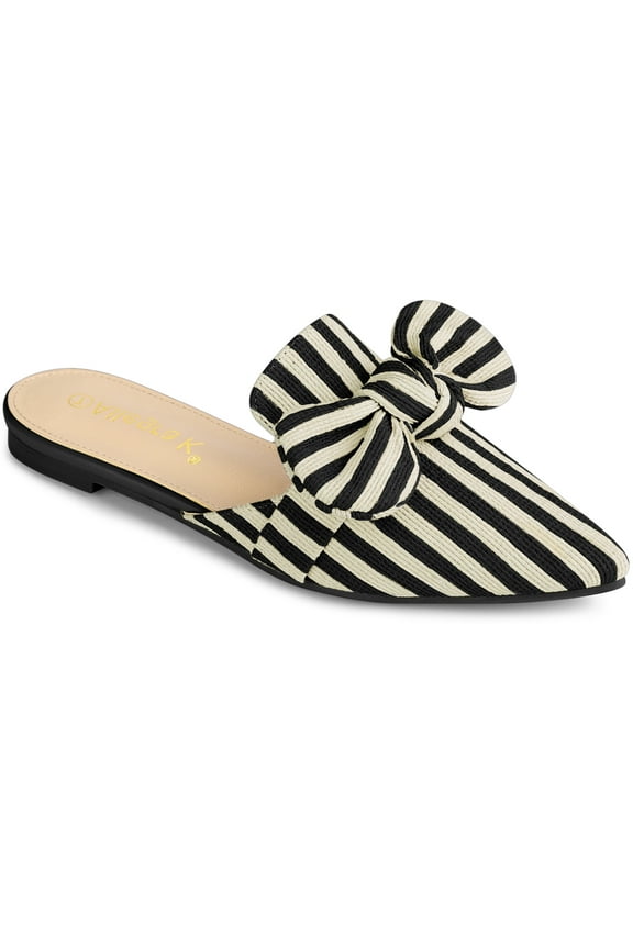 Women's Pointed Toe Stripe Bow Slide Flats Mules Black 7