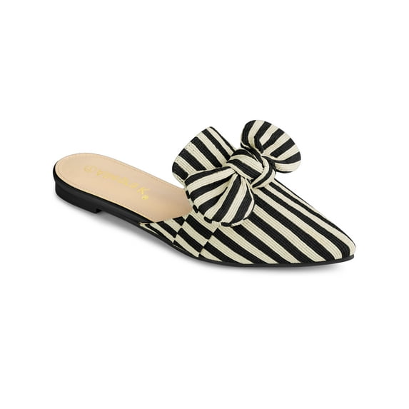 BLISSFUL STEP Women's Pointed Toe Stripe Bow Slide Flats Mules Black 7