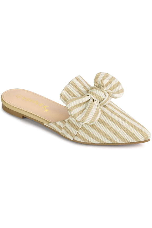 Women's Pointed Toe Stripe Bow Slide Flats Mules Beige 6