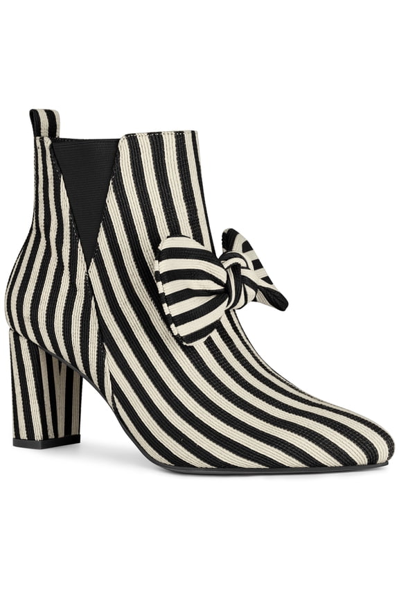 Women's Pointed Toe Bow Striped Chunky Heel Ankle Boots Black 10