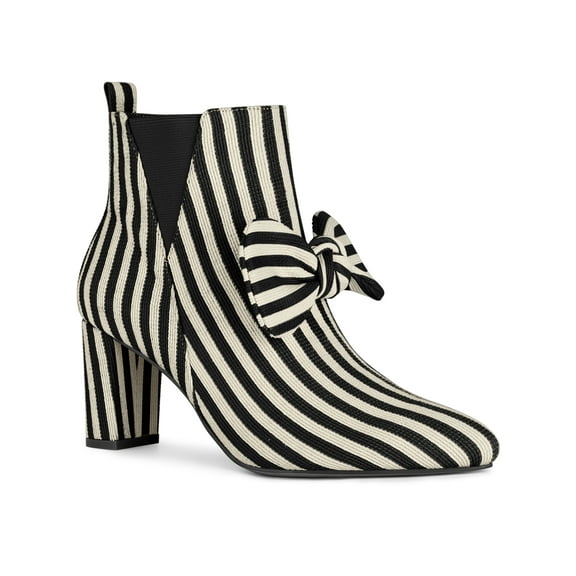 BLISSFUL STEP Women's Pointed Toe Bow Striped Chunky Heel Ankle Boots Black 6