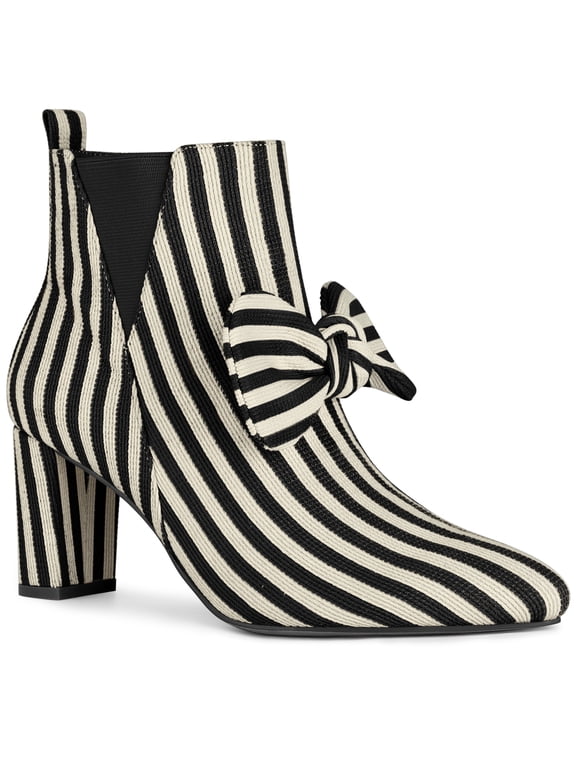 Women's Pointed Toe Bow Striped Chunky Heel Ankle Boots Black 7