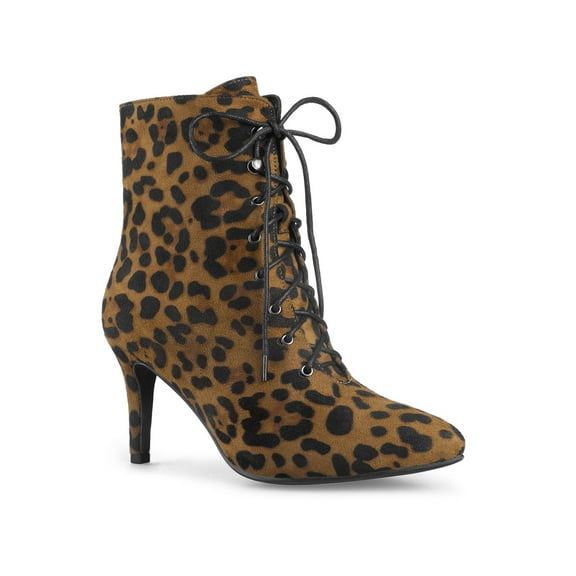 BLISSFUL STEP Women's Ankle Boots Faux Suede Lace Up Pointed Toe Stiletto Heel Ankle Booties Leopard 9.5