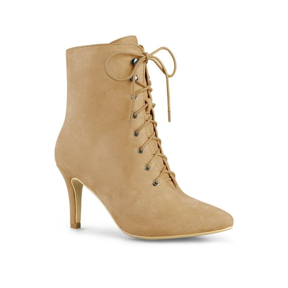 BLISSFUL STEP Women's Ankle Boots Faux Suede Lace Up Pointed Toe Stiletto Heel Ankle Booties Camel 5.5