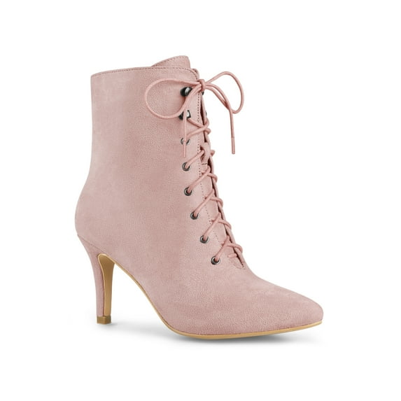 BLISSFUL STEP Women's Ankle Boots Faux Suede Lace Up Pointed Toe Stiletto Heel Ankle Booties Dust Pink 7