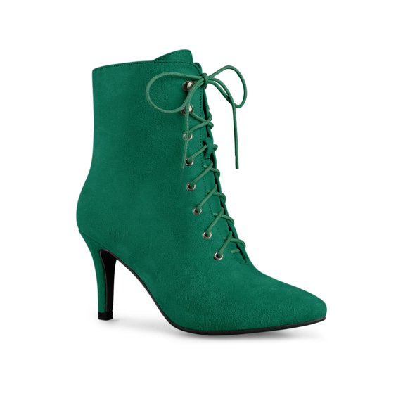 BLISSFUL STEP Women's Ankle Boots Faux Suede Lace Up Pointed Toe Stiletto Heel Ankle Booties Emerald Green 9